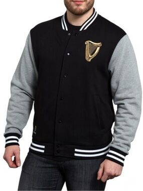GUINNESS Varsity Bomber Retro 90s Collegiate Jacket w Embroidered Harp Patch